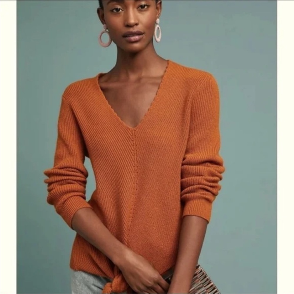 Moth by Anthropologie Freeport Rust V Neck Ribbed Tie Front Sweater